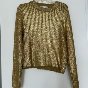 Metallic Gold Zara Ribbed Crewneck Sweater